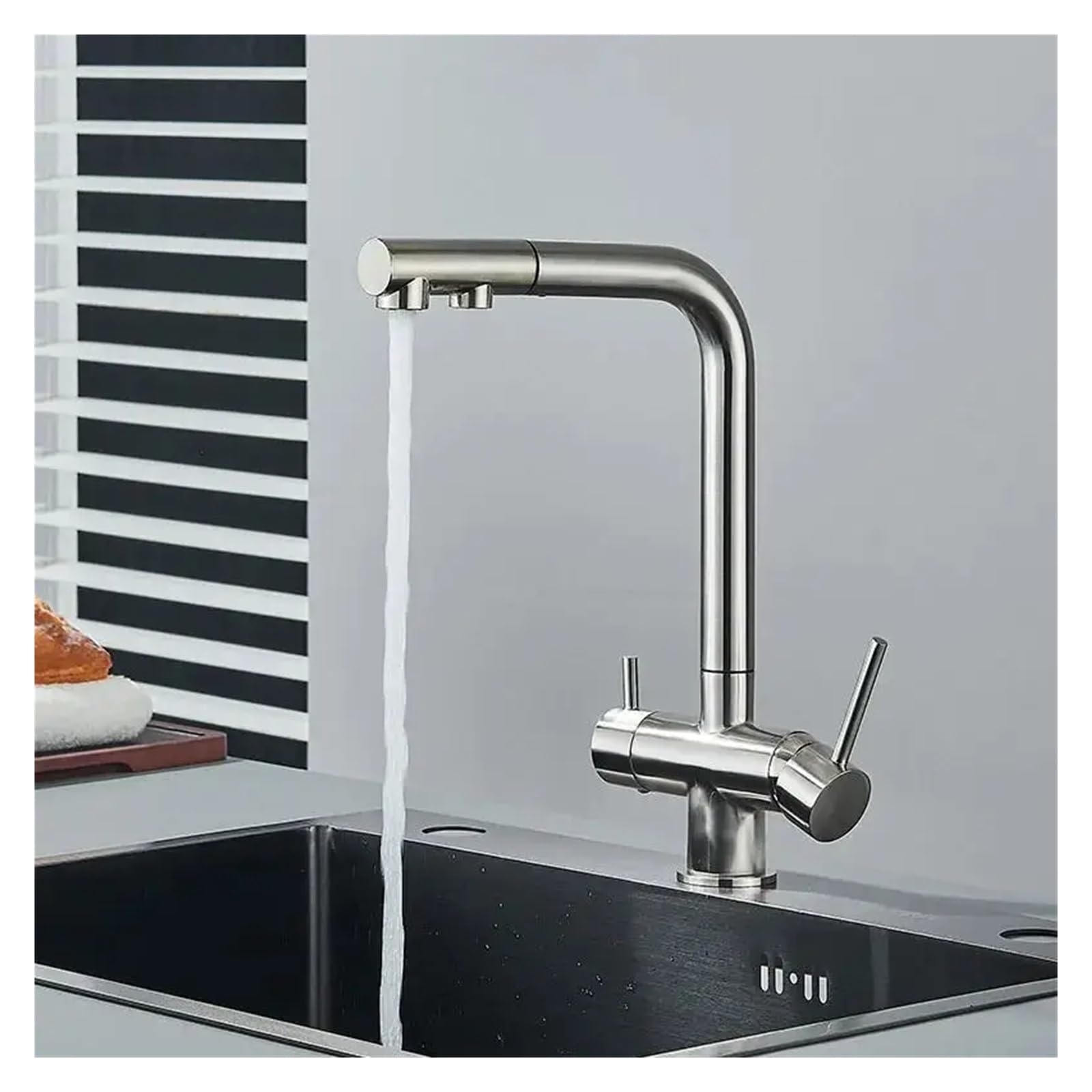 Robinet de cuisine mitigeur noir double poignée en laiton pour eau filtrée