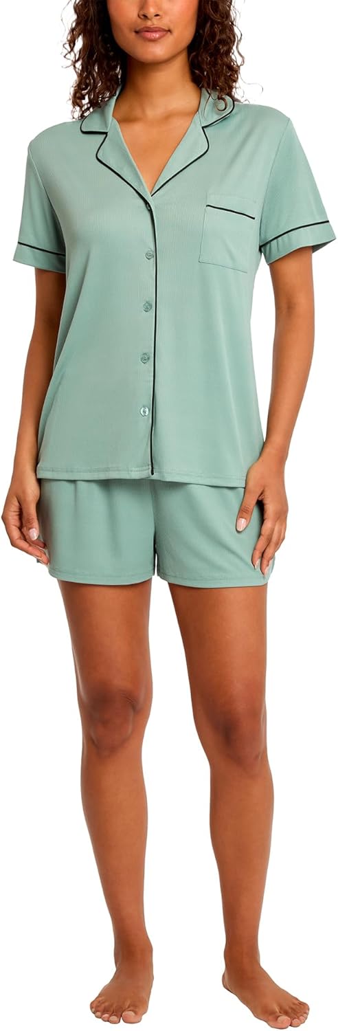 Nicole Miller New York Women's Pajamas 2 Piece Soft Ribbed Button Down PJ Short Set