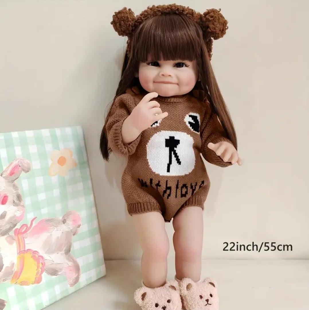 Reborn Baby Doll, 55.88 cm Soft Vinyl, Lifelike Eyes, Deep Brown with Bunny Ears, Collectible
