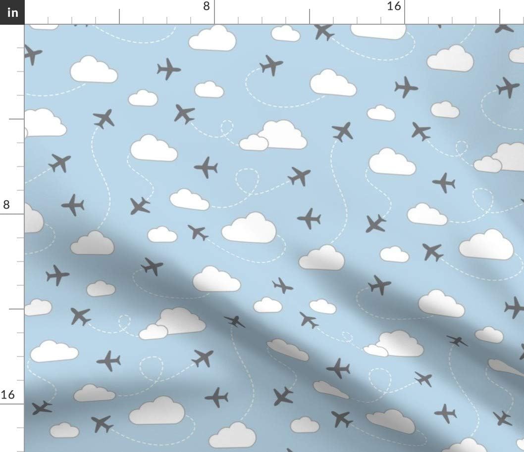Spoonflower Fabric - Clouds Gray Light Blue Airplanes Air Navy Planes Sky Printed on Petal Signature Cotton Fabric by The Yard - Sewing Quilting Apparel Crafts Decor