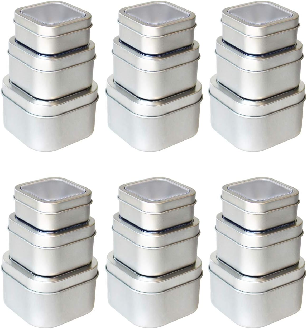 18-Pack Empty Square Silver Metal Tins with Clear Window for Candle Making, Candies, Gifts & Treasures, Mixed Sizes
