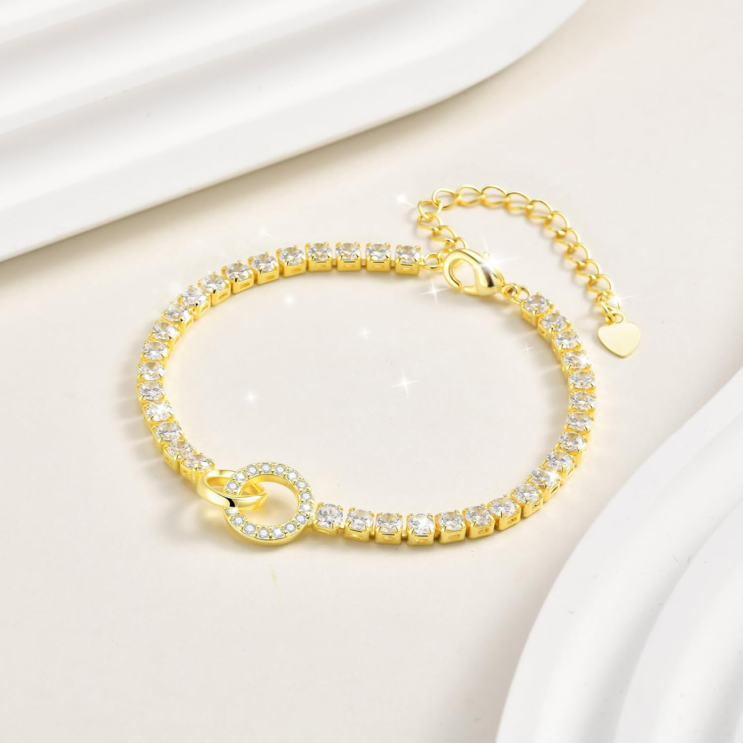 Interlocking Circles Tennis Bracelet for Women - 14K Gold Plated Cubic Zirconia Link Bracelet, Adjustable Dainty Minimalist Chain Design, Trendy Anniversary Birthday Christmas Jewelry Gift for Her - Image 5