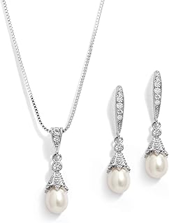 Wedding Necklace & Earrings CZ Jewelry Set with Dainty Freshwater Pearl for Bridesmaids & Brides
