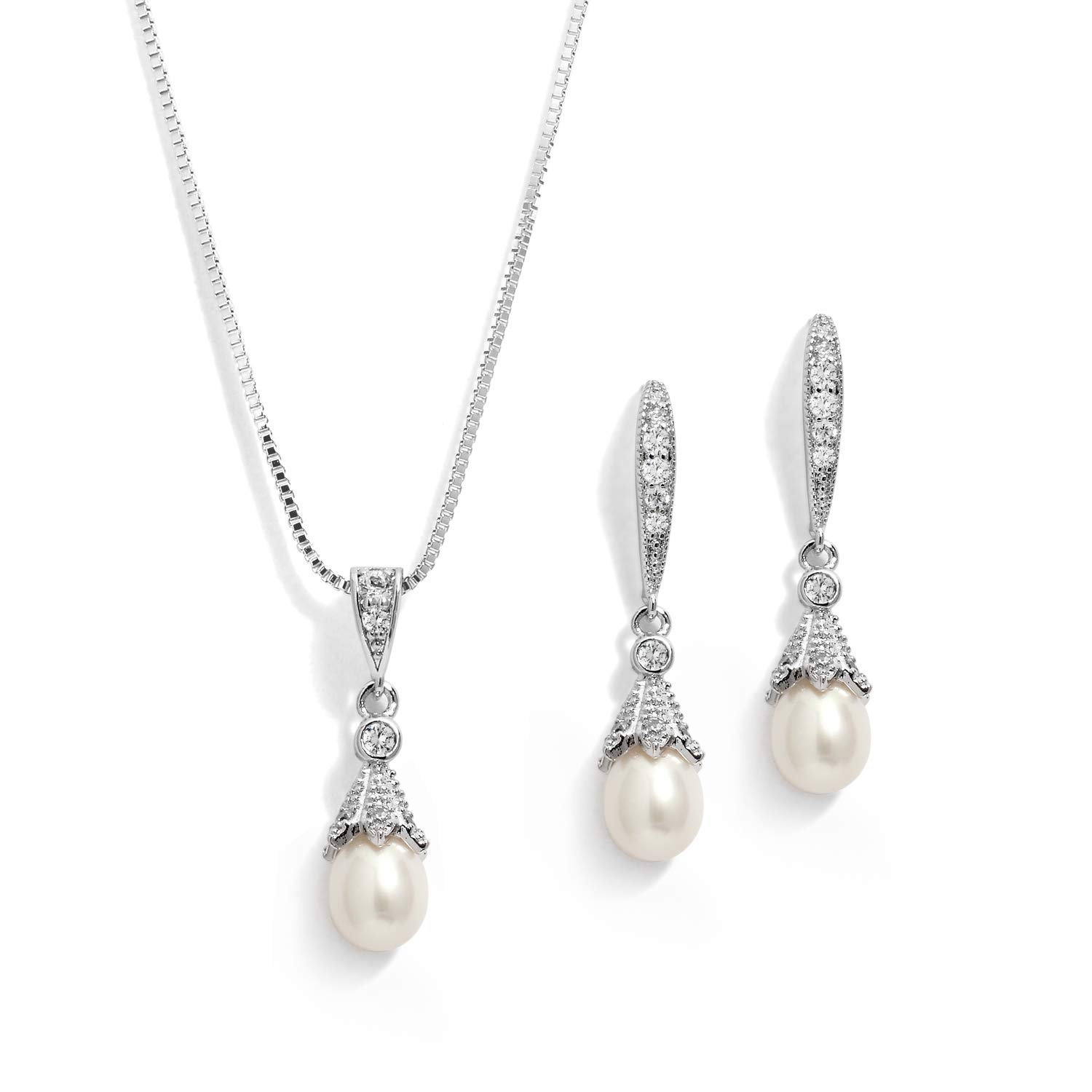 MariellWedding Necklace & Earrings CZ Jewelry Set with Dainty Freshwater Pearl for Bridesmaids & Brides