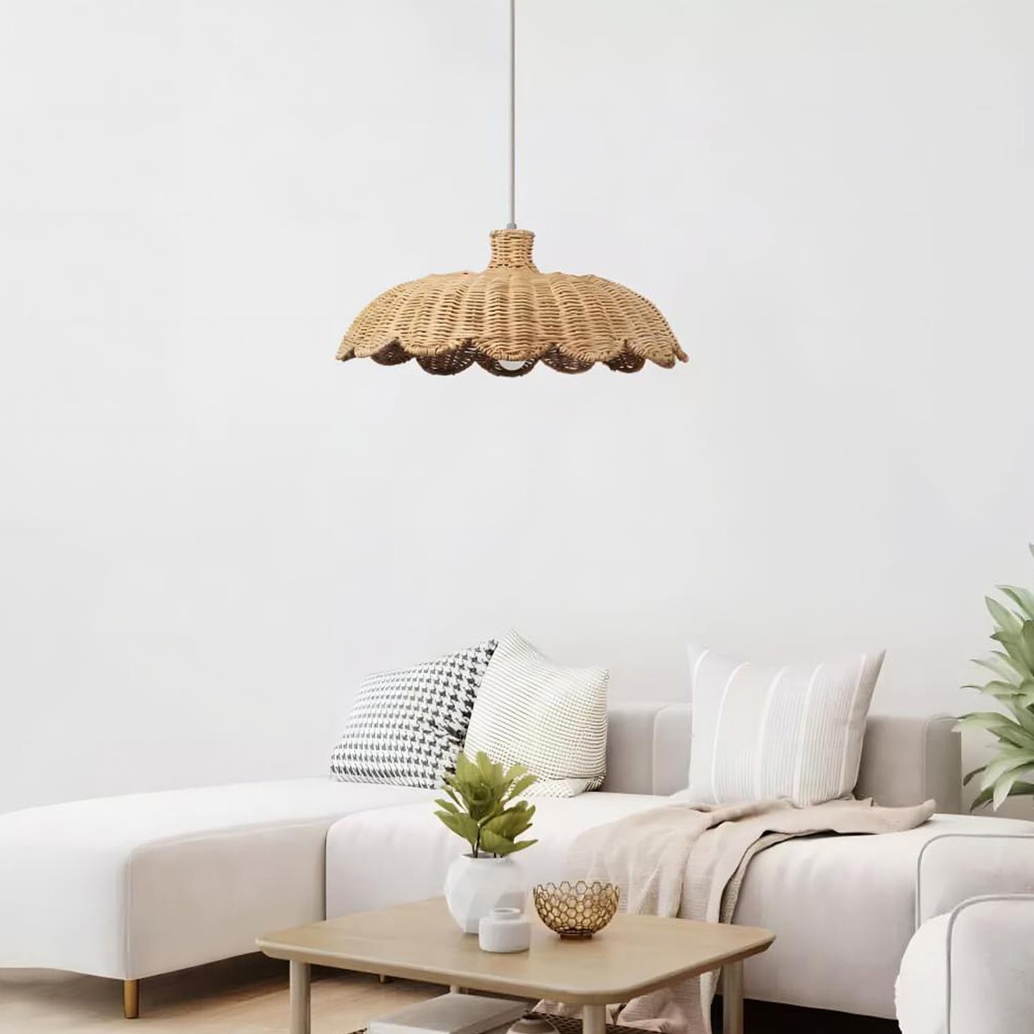 MIXL-Rattan Woven Pendant Light,Scalloped Shade Small Hanging Light,Rustic Kitchen Island Lighting,Boho Style Pendant Lamp for Living Room Bedroom