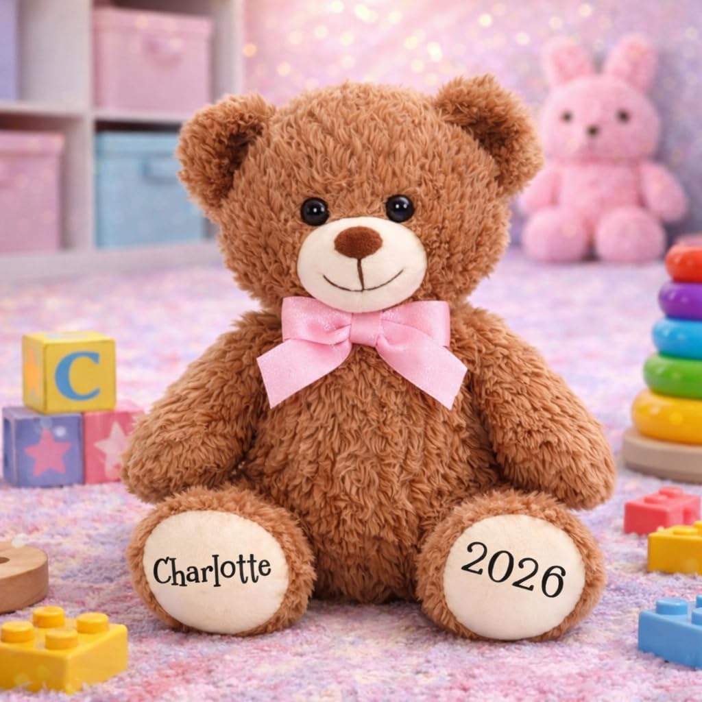 burton+BURTON Personalized Teddy Bear with Name & Year – 10 Inch Plush Stuffed Animal, Custom Keepsake Bear for Kids, Baby Gift, Birthday, Nursery Décor