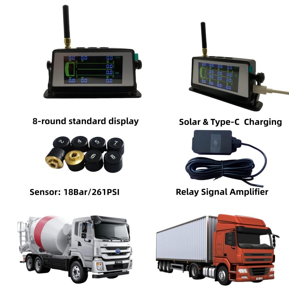 2024 Nuovo aggiornamento 18Bar/261PSI Heavy Truck Solar TPMS Tire Pressure Monitor 6 principali funzioni di allarme per il monitoraggio in tempo reale della pressione e della temperatura dei