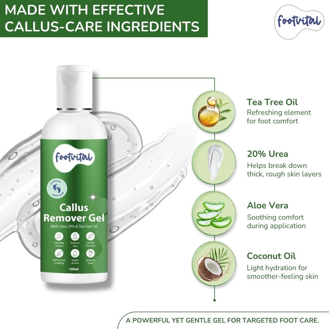 Footvital Callus Remover Gel 100ml | 20% Urea & Tea Tree Oil | targeted callus & dead skin removal for heels & soles | gentle skin softening formula | clinically tested | for men & women 1