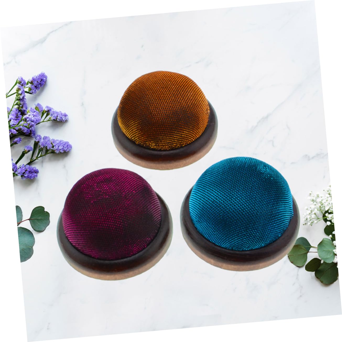 STOBOK 9piezas Cojín De Agujas Base De Madera y Brillo De Dorado Rojo Azul Organizador De Alfileres Para Manualidades y Costura