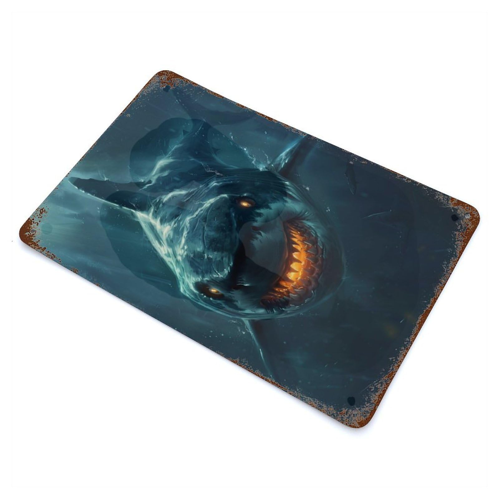 Fantasy Shark Glowing Eyes Aged Metal Wall Plaque 11.8"x7.9", Farmhouse Wall Decor for Office, Studio And Wall Decor