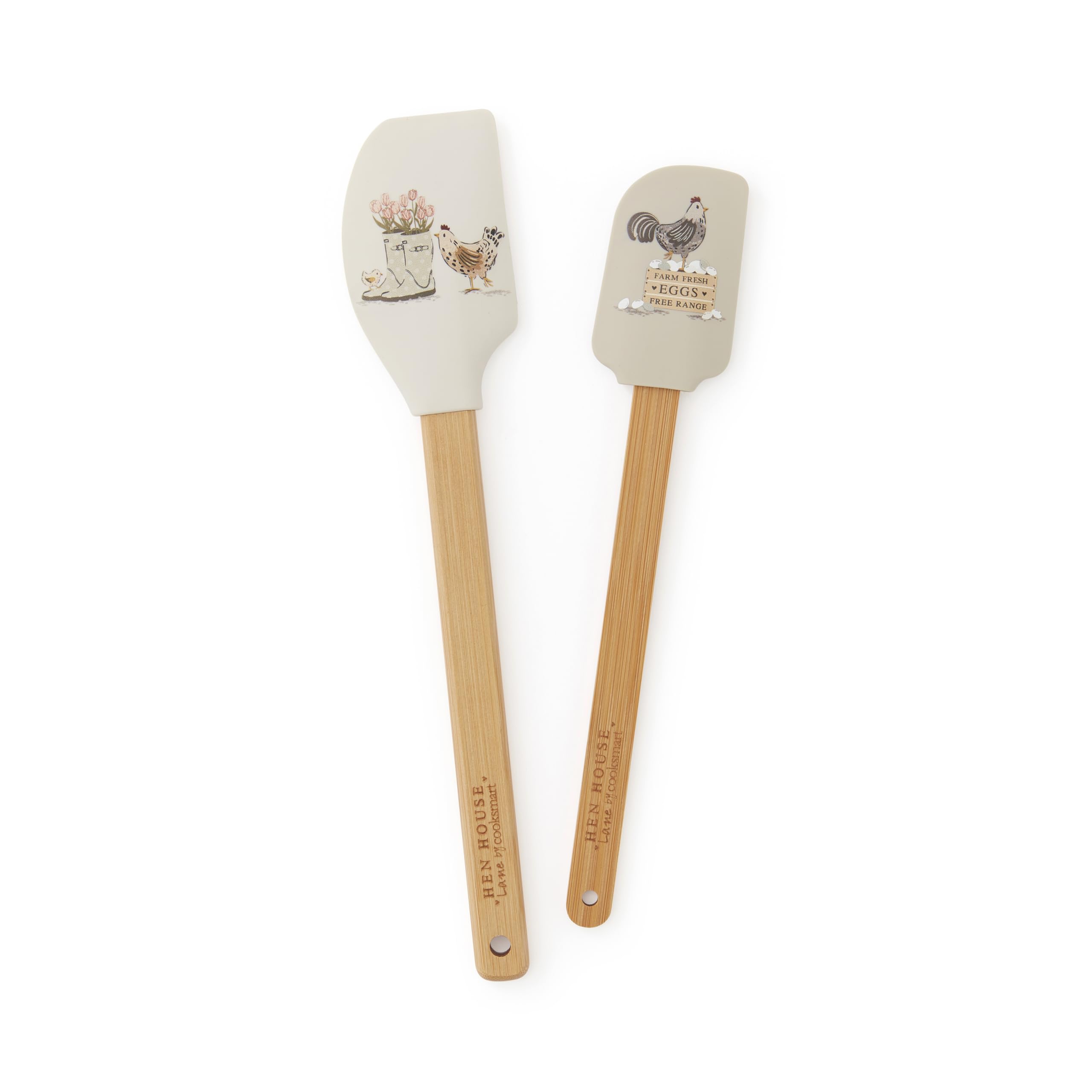 Cooksmart Hen House Lane Set of 2 Bamboo Spatulas | Wooden Spatula Set with Silicone Base | Eco-Friendly Cooking Utensils | BPA-Free & Safe for Non-Stick Cookware | Ideal for Baking & Cooking
