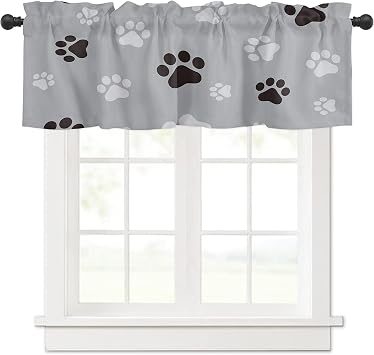 Valance Curtain for Kitchen Dog Paws Footprints Window Valance for Living Room Scroll,Gray Black Valances for Bedroom Decor 1 Panel 18" x 54"
