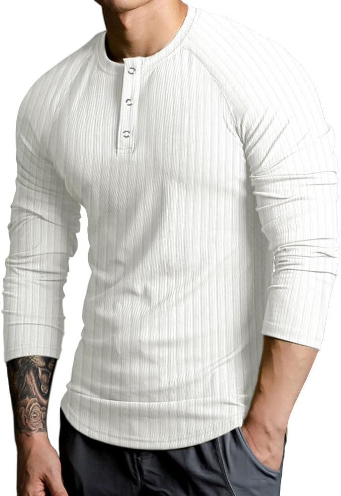 Lehmanlin Mens Thermal Shirt Long Sleeve Muscle Henley Slim Fit Cotton T-Shirt Fashion Casual Ribbed Top
