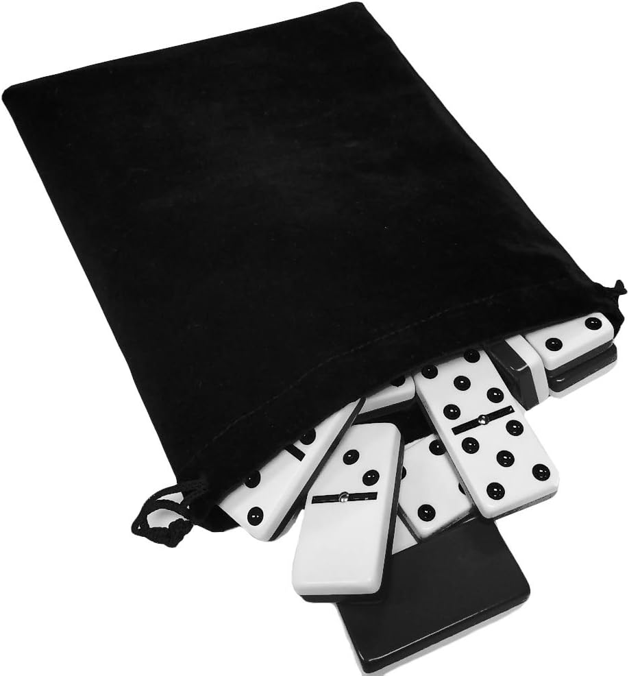 & Co. Domino Double Six 6 Two Tone Black and White Tiles Jumbo Tournament Professional Size with Spinners in Black Elegant Velvet Bag Two Tone Black-white