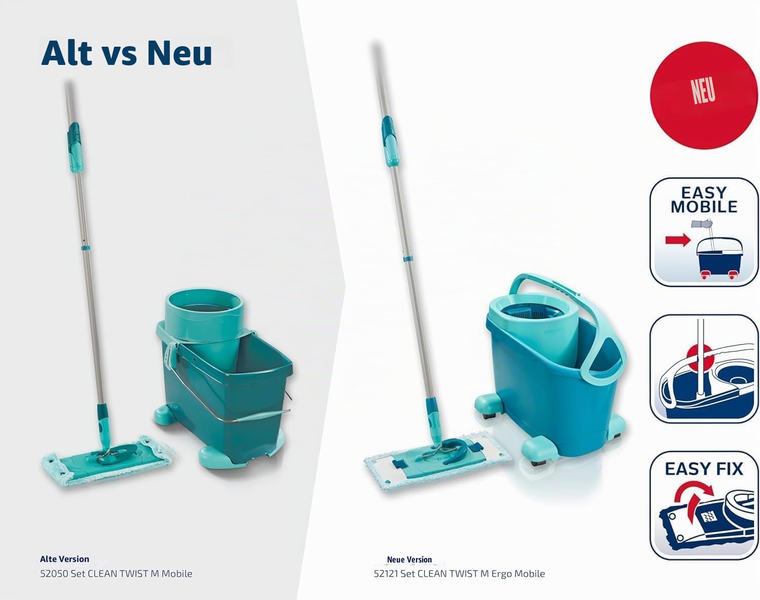 Leifheit Set CLEAN Twist M Flachwischer Ergo 2.0 mit Rollen, Bodenwischer mit Supersoft Bezug für nebelfeuchte Reinigung auf Parkett, Laminat und Echtholz, Mop mit Schleudertechnologie