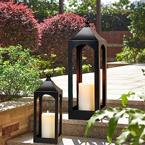 Modern Farmhouse Lantern Decor, Black Metal Decorative Hanging Candle Lanterns Ideal for Home Decor, Parties & Events, 15.1" High (No Glass Panel) - Image 6