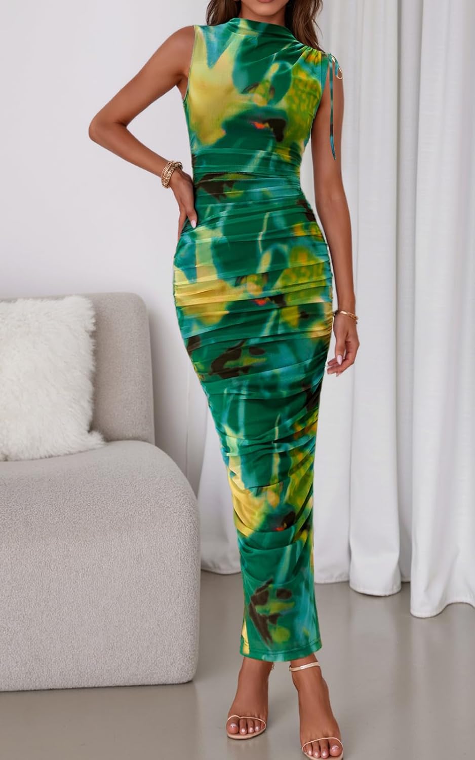 PRETTYGARDEN Women's Summer Maxi Floral Dresses Ruched Bodycon Sleeveless Mesh Formal Wedding Guest Cocktail Split Long Dress - Image 3