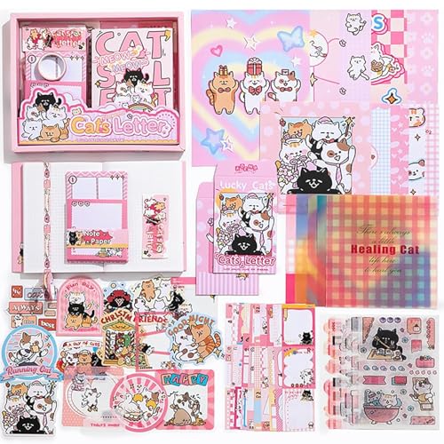 Image of The AutoStory Cute Feline Scrapbook Kit A6 Junk Journal Notebook Kawaii Animal Stickers Pet Collage Papers Washi Tape DIY Art Diary Crafting Supply Gifts Teen Girls (Cat's Letter, Pink)