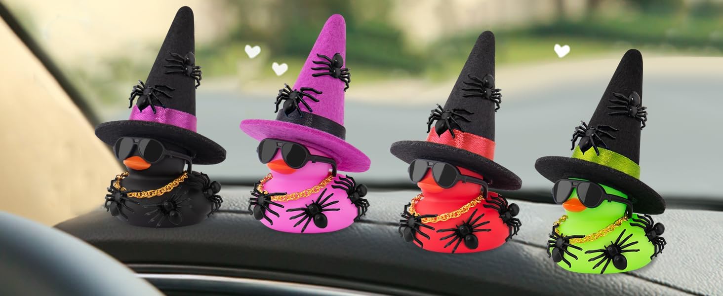 Wonuu Halloween Rubber Duck Spider Decorations Duck Car Ornaments Witch Hat Sunglasses and Necklace, Black