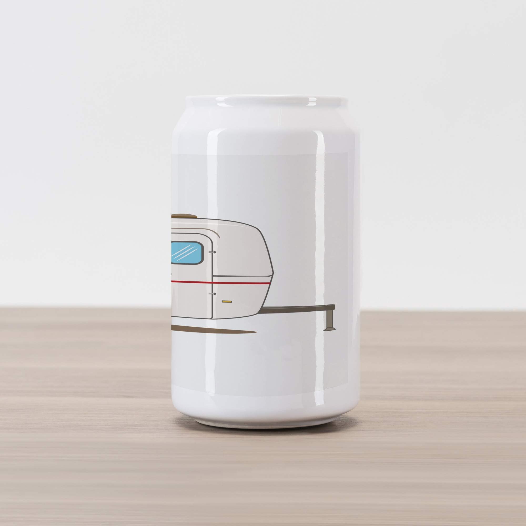 Lunarable Camper Cola Can Shape Piggy Bank, Vintage Van Recreational Caravan Travelers Truck on The Road Retro Graphic Design, Ceramic Cola Shaped Coin Box Money Bank for Cash Saving, Beige