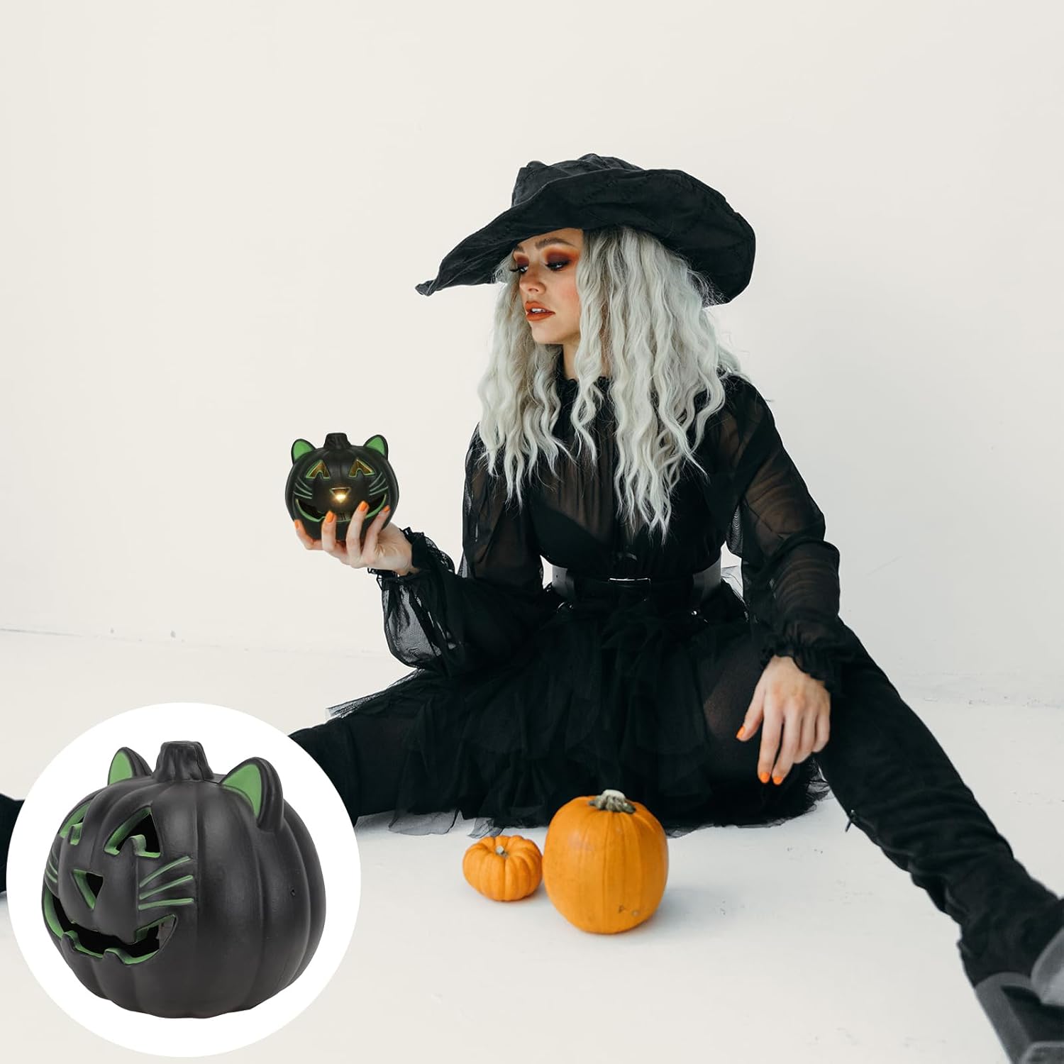 Halloween Pumpkin Lantern LED Jack-O-Lantern Lights Cat Paw Decorative Lamp Pumpkin Figurine Light Up Lights for Halloween Haunted House Props 9inch