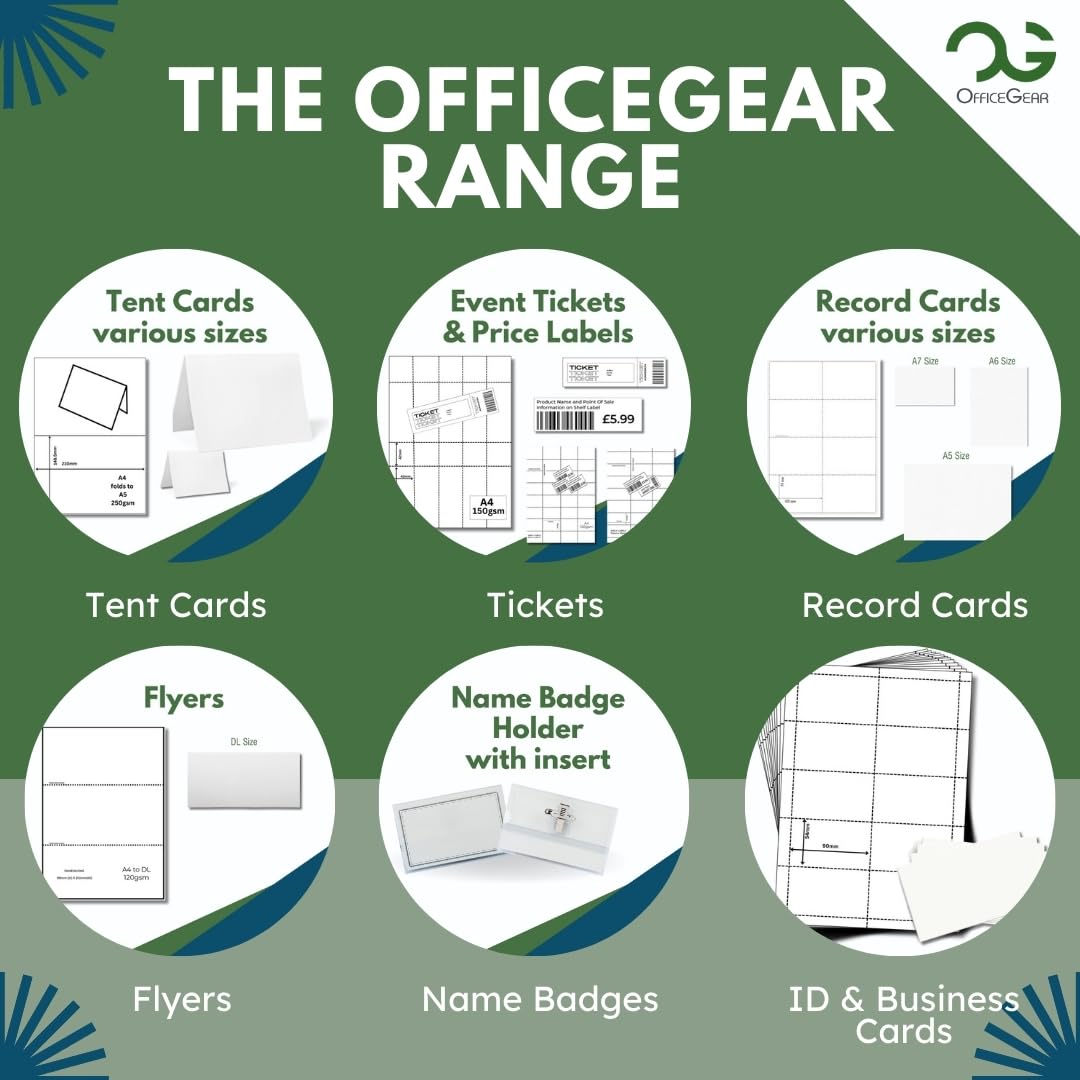 OfficeGear Tarjetas de tienda de campaña de 4 en adelante (25 hojas, 100 tarjetas) de 52 x 148 mm, perforadas, imprimibles, plegables, tarjetas de nombre, 170 g/m², para conferencias, exposiciones,