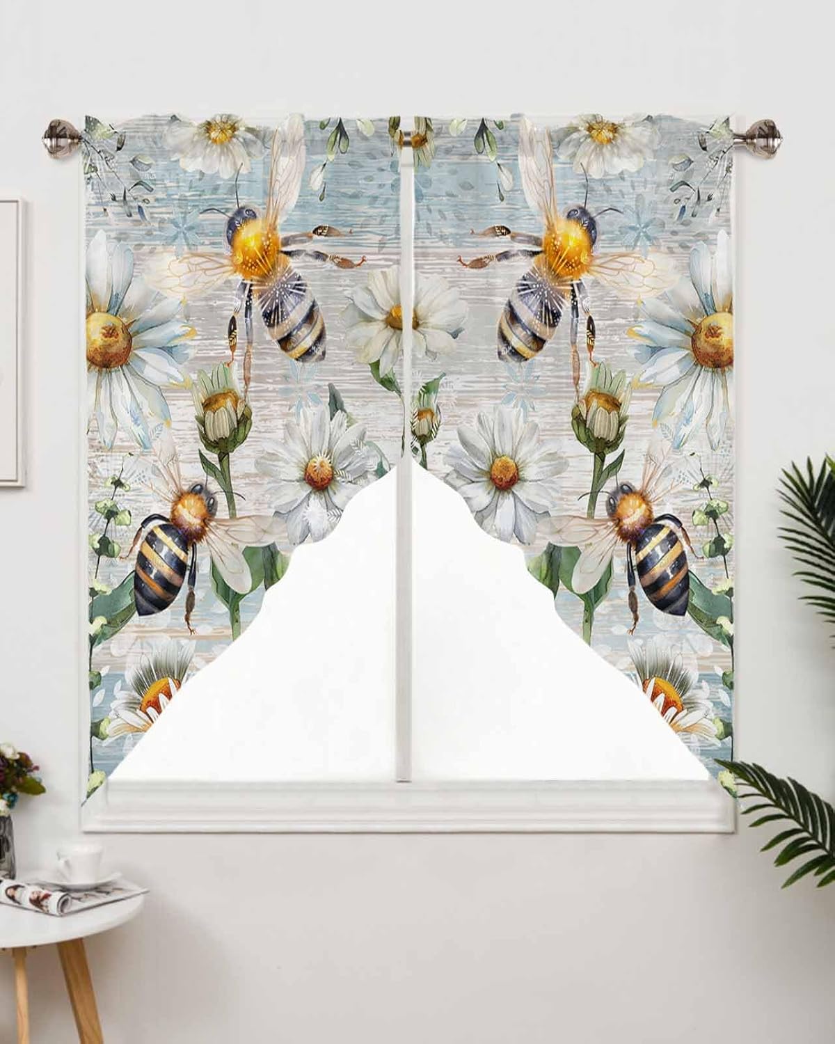 Farmhouse Kitchen Window Curtains Over Sink, Rod Pocket Rustic Floral Swag Valances for Windows, 2 Panels white flower Bee Valence Curtain for Bedroom/Living Room/Laundry/Cafe Decor, 36"Lx36"W
