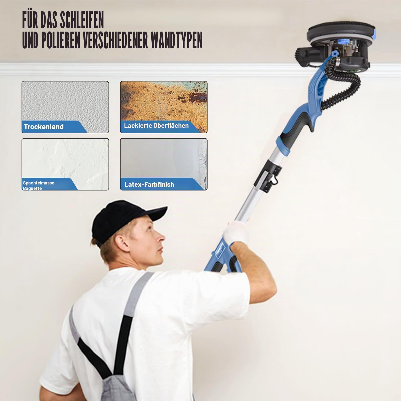 Giraffenschleifer, 750 W, professionell, mit automatischem Vakuumsystem und LED-Licht, Wand- und Teleskop-Deckenschleifer, Durchmesser 215 mm, 7 Geschwindigkeitsstufen, 900-1800 U/min (blau)
