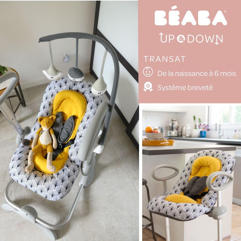BÉABA, Transat Up and Down III, Transat Réglable en Hauteur, Unisexe pour Bébé et Enfants, 3 Positions d'Inclinaison, Harnais Sécurité 5 Points, Réducteur de Naissance, Yellow Palm Tree