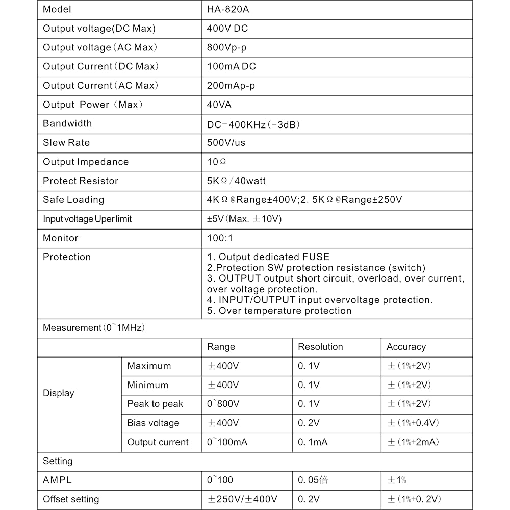 PINTECH HA-820A High Voltage Amplifier, 400kHz, 800Vp-p, Waveform Generator Voltage Signal Amplifier with Programmable Function and Digital Display