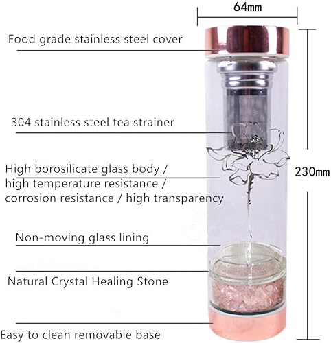 Miniatura 5 de AITELEI Crystal Elixir - Botella de agua con gemas infundidas con infusor de té, botella de agua de cristal con cristales de cuarzo rosa extraíbles