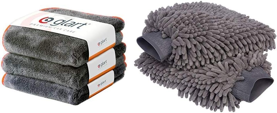 Glart 443TPO Set of 3 Super Absorbent Microfibre Thick Plush Cloths for Car and Motorbike Paint Care, Buffing, Polishing, Drying 40 x 40 cm & Amazon Basics Deluxe Microfiber Car Wash Mitt (2 Pack)
