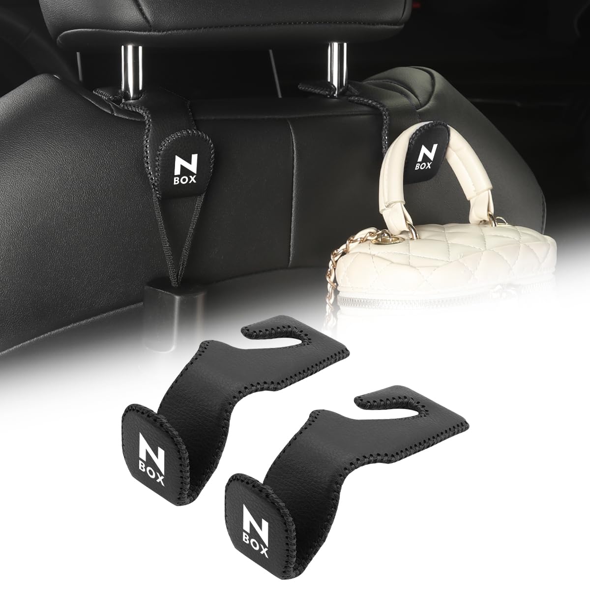 【N-BOX 専用】2個 車用シートフック, 車内 収納 フック for ホンダ Nbox JF1 JF2 JF3 JF4 JF5 JF6 カスタム 専用ロゴ 内装アクセサリー, ヘッドレストフック 荷物かけ 傘ホルダー カー用品 便利グッズ (N-BOX)