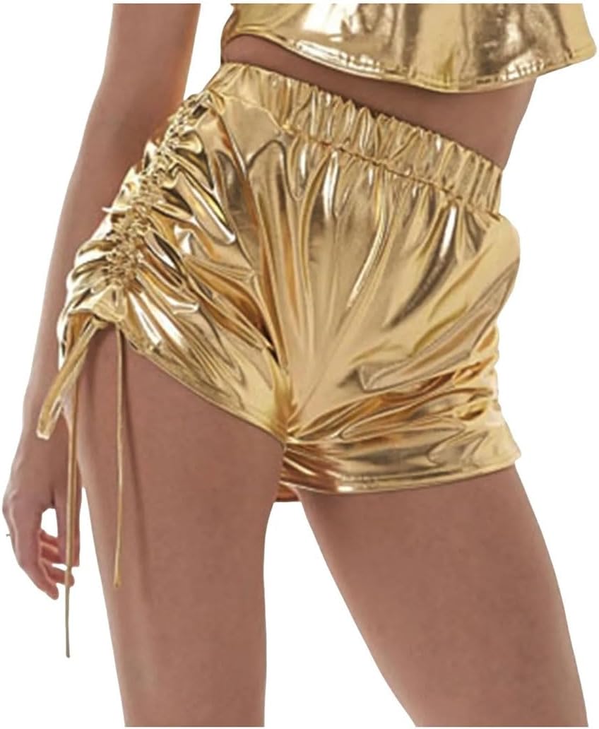 Women's Metallic Yoga Shorts Shiny Drawstring Solid Sexy Versatile Beach Pants
