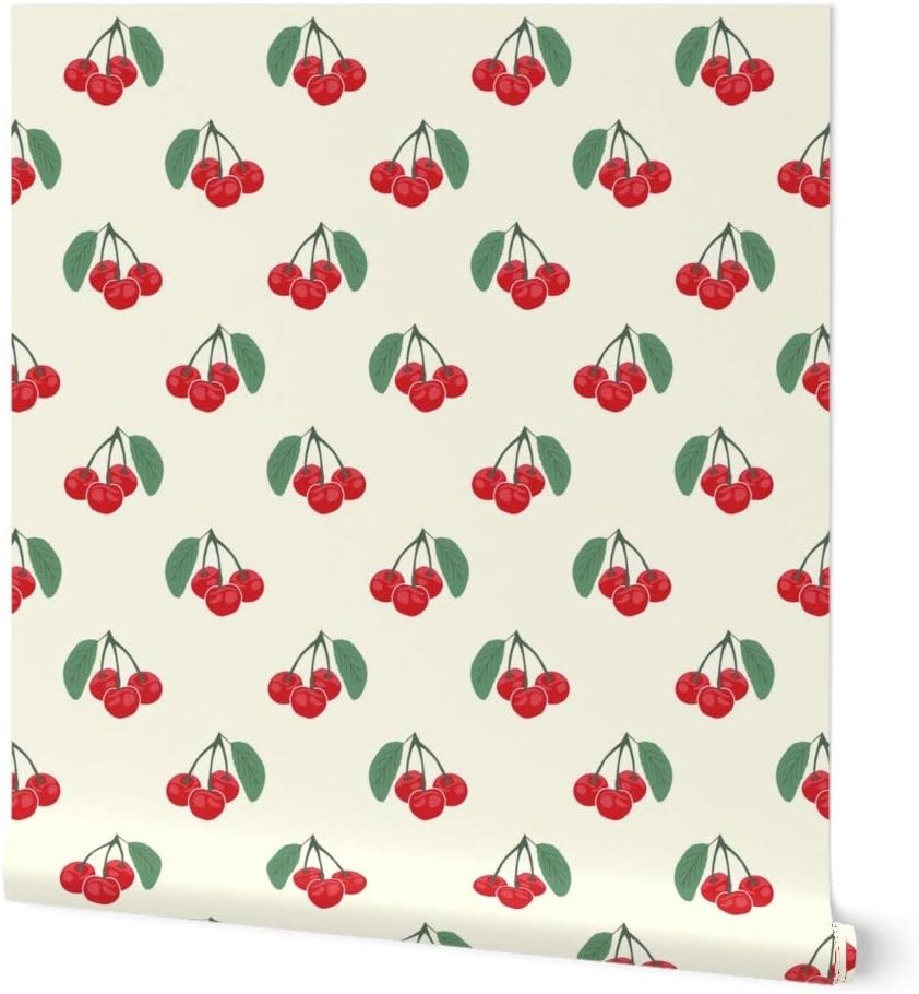 Peel & Stick Wallpaper 3ft x 2ft - Vintage Cherries Pale Yellow Cherry Retro 1950S Nostalgia Custom Removable Wallpaper by Spoonflower