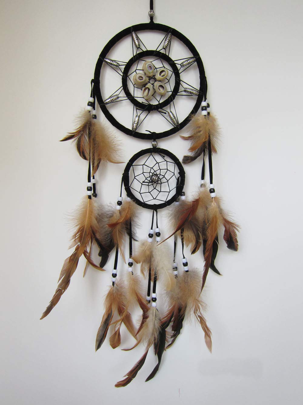 Bellcon Dream Catcher with Brown Nature Feather and Beads Shell Large Dream Caught for Wall Bedroom Hanging Home Decoration Diameter 6" x Long 27.56"