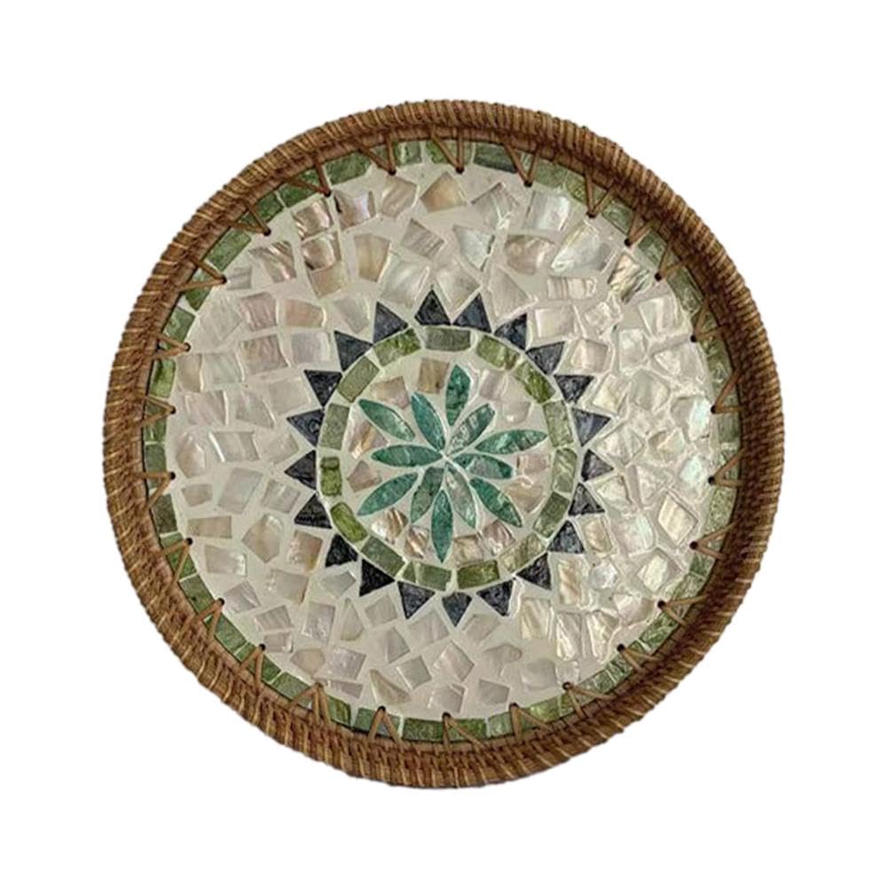 Rattan Serving Tray with Mother of Pearl Inlay, Hand Woven Mosaic with Wood Base for Coffee Table, Decorative Wicker Lacquer Food Basket