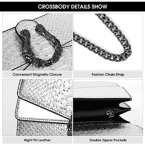 Image of Crossbody Shoulder Square Purse For Women - Fashion Embossed Snake-Print Leather Handbag Metal Chain satchel Tote Bag