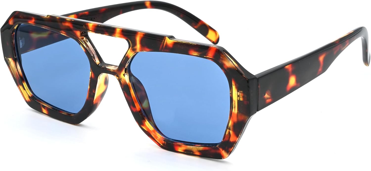 Onrtry Trendy Hexagonal Aviator Sunglasses for Women Thick Square Frame Double Bridge Sun Glasses