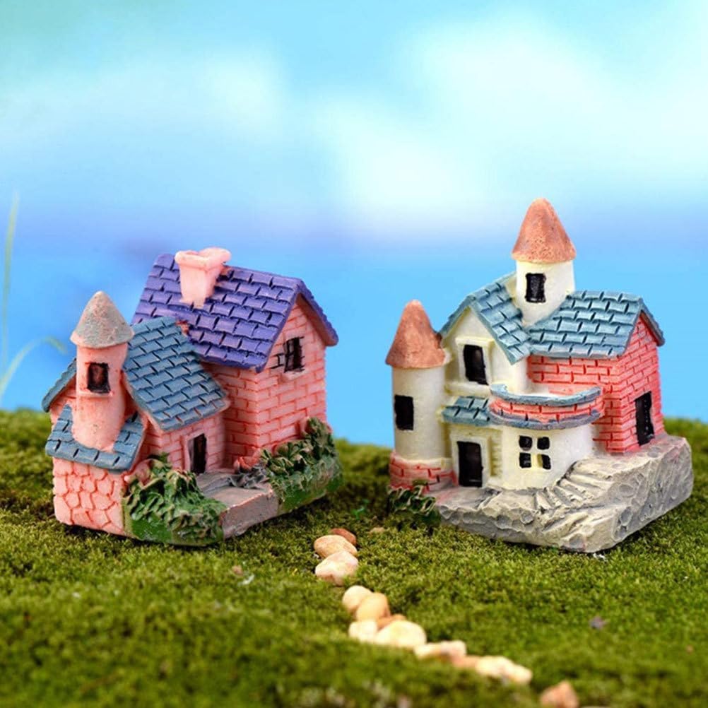 GANAZONO Mini Resin House Figurines 4-Pack Tiny Village Ornaments for Fairy Garden Desktop Micro Landscape Decoration