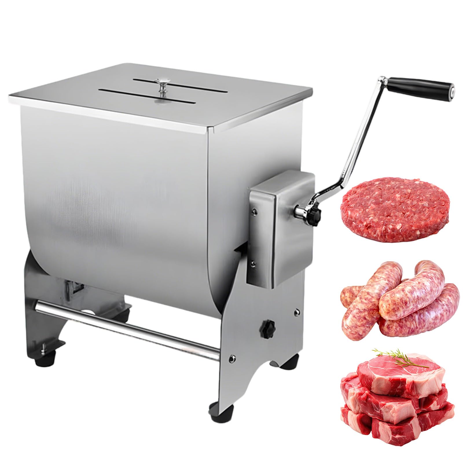 Ręczny mikser do mięsa, zbiornik 10 kg / 10 l z pokrywką i korbą ręczną, dwustronny zbiornik ze stali nierdzewnej na kurczaka, wołowinę, przyprawy