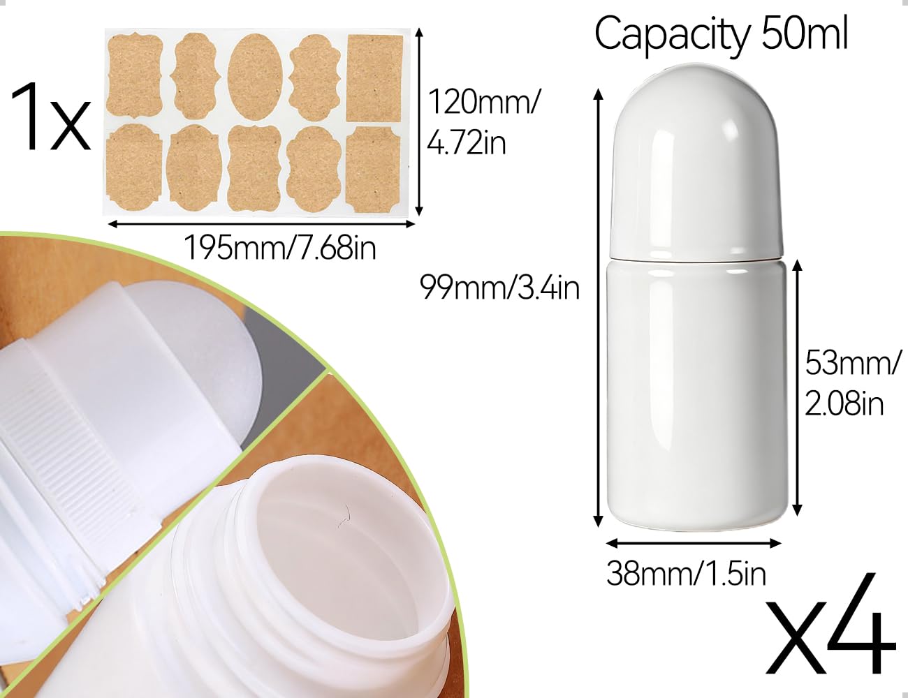 Paquete de 4 Frascos Roll-On Rellenables de Plástico con Etiquetas Adhesivas Para Aromaterapia, Aceites Esenciales, Perfumes y Viajes (Blancos, Redondos, 50 ml)