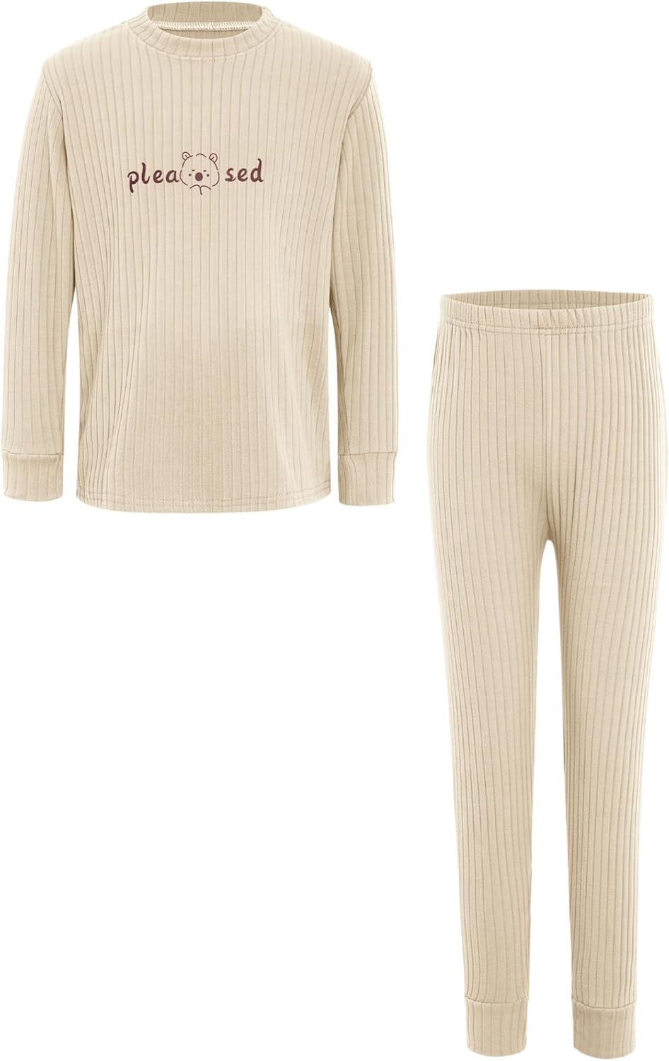 Kids Girls 2Pcs Thermal Underwear Long Sleeve Pullover Tops Pants Long Johns Set Base Layer Outfit Beige 5-6 Years