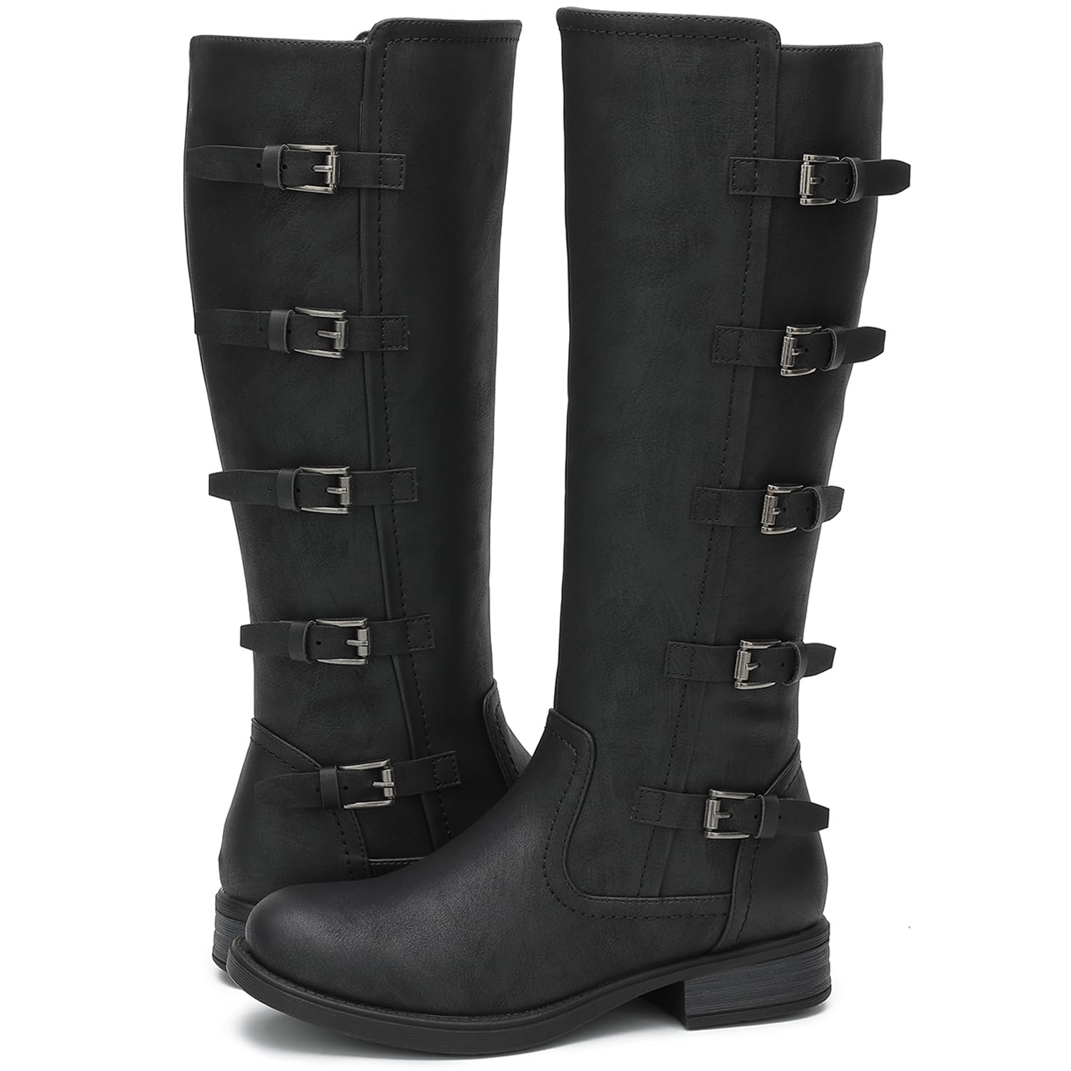 GLOBALWIN Botas de equitación hasta la rodilla para mujer, botas altas para montar a caballo con hebilla de metal, cremallera lateral, tacón grueso