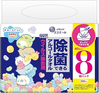 Elleair 可除菌的酒精毛巾 去除病毒用 ≪角落生物企划品≫ 湿纸巾 盒装 替换装 320张(40张×8袋) 酒精型