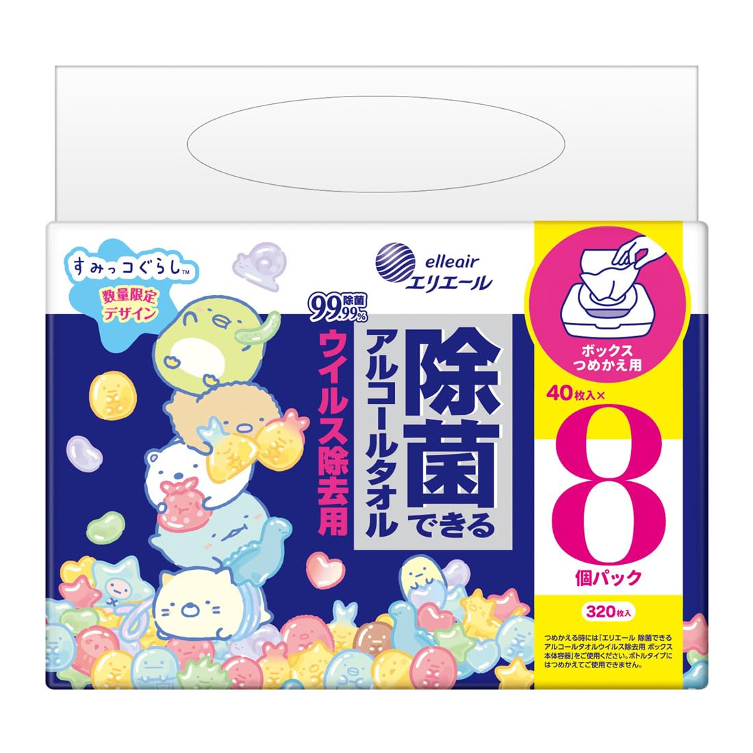 エリエール 除菌できるアルコールタオル ウイルス除去用 ≪すみっコぐらし企画品≫ ウェットティッシュ ボックス つめかえ 320枚(40枚×8パック) アルコールタイプ