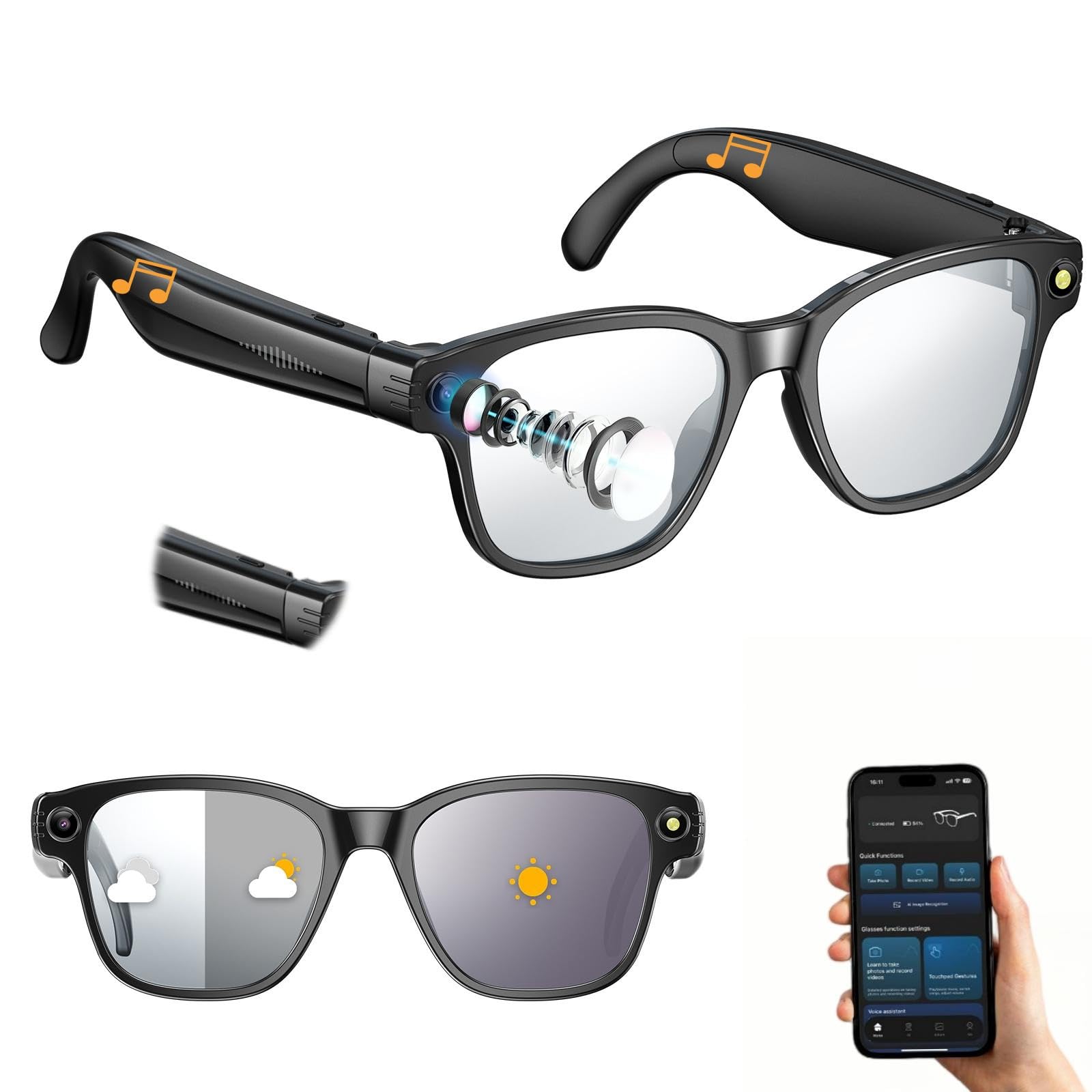 AI Brillen mit HD 8MP Kamera, Smart Glasses mit 270mAh, 1200P Videoaufnahme, Bluetooth 5.4, Echtzeit-KI-Übersetzung & Objekterkennung, Blau licht, Zwei Mikrofone für Anrufe, Aufnahmen
