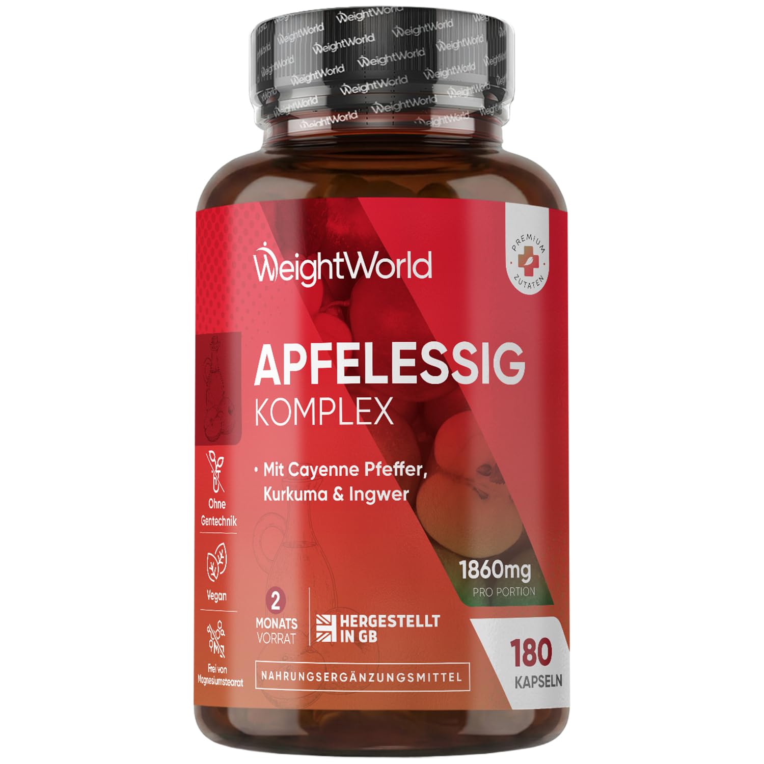 WeightWorld Apfelessig Komplex - 1860mg pro Portion - Aus Muttersaft | 2 Mrd. KBE Bakterienstämme, 180 Kapseln, 2 Monate, Apple Cider, Kurkuma, Ingwer, Cayennepfeffer, Lactobacillus Gasseri