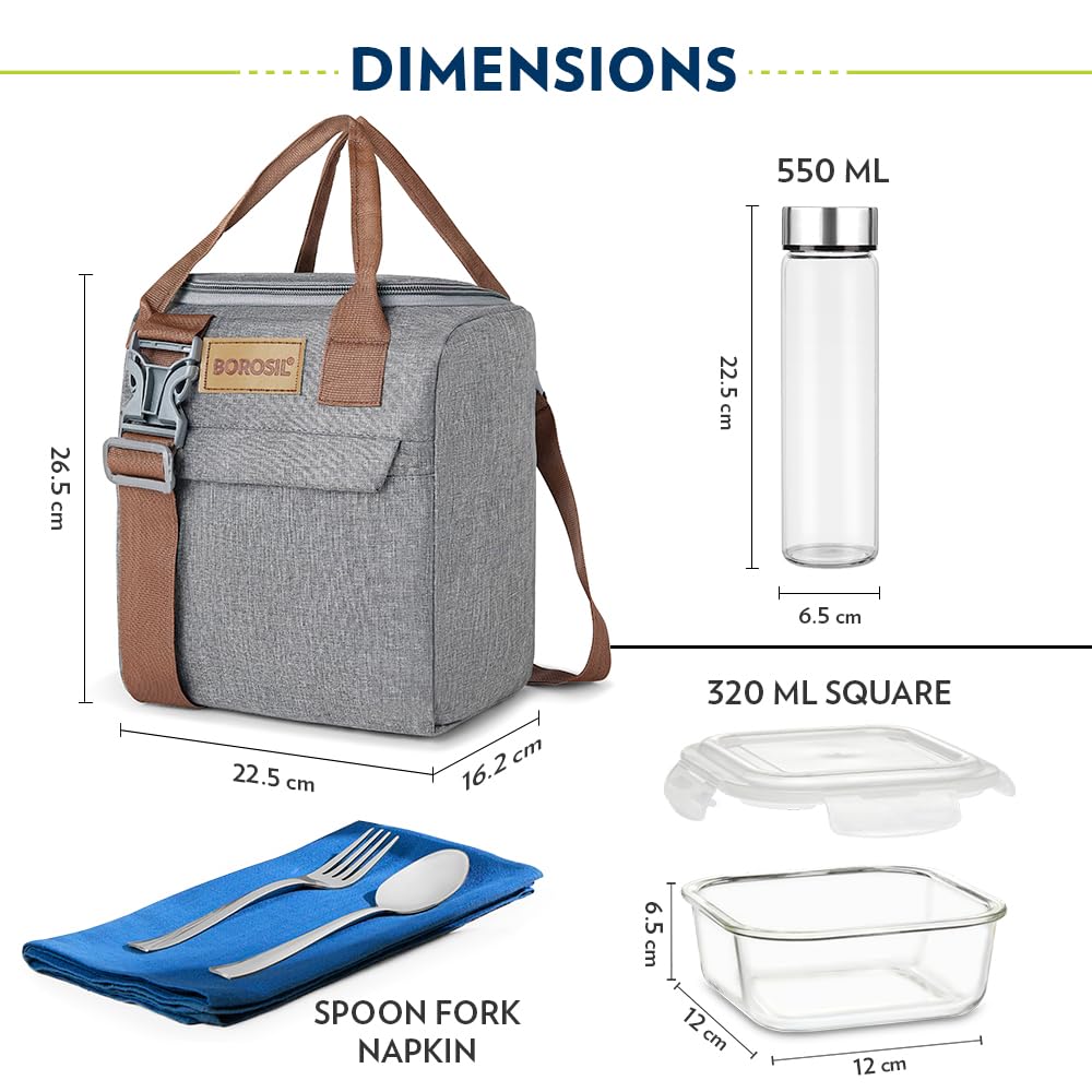 Borosil Gourmet - Fiambrera de vidrio de borosilicato con bolsa, juego de 3 piezas (320 ml cada uno) + 1 botella de vidrio (550 ml), apta para microondas y lavavajillas, a prueba de fugas, para
