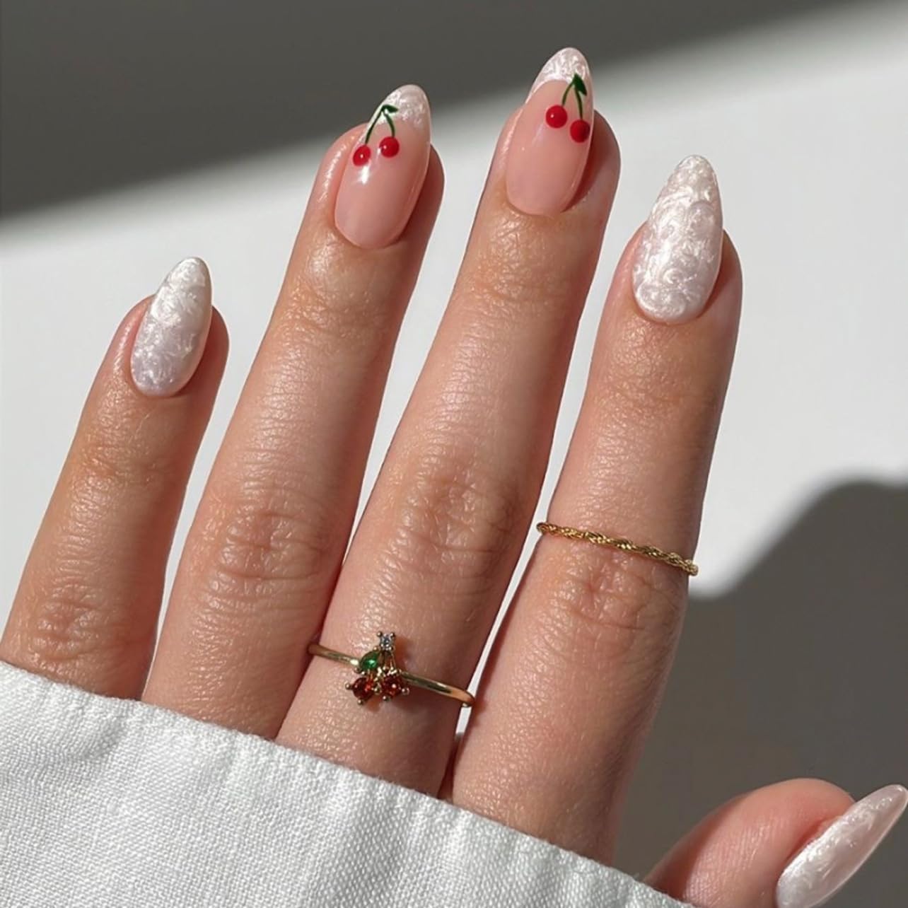 SXVME Gel Press on Nails Short Almond, French Tip False Nails with White Marble Design